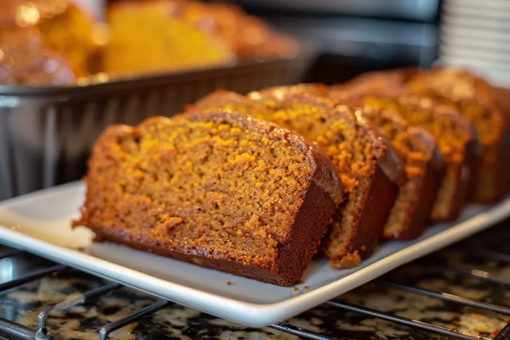 Freshly baked classic moist pumpkin bread loaf on a wooden table