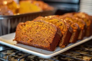 Freshly baked classic moist pumpkin bread loaf on a wooden table