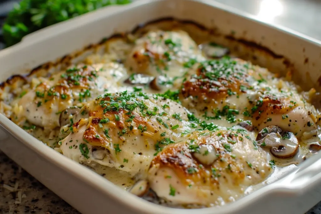 Cream of Mushroom Soup Chicken Bake topped with herbs and cheese