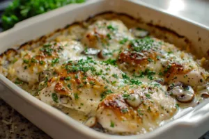 Cream of Mushroom Soup Chicken Bake topped with herbs and cheese