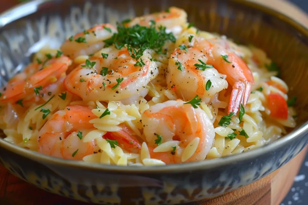 Plate of creamy garlic shrimp orzo garnished with parsley and lemon