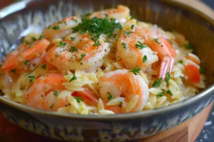 Plate of creamy garlic shrimp orzo garnished with parsley and lemon