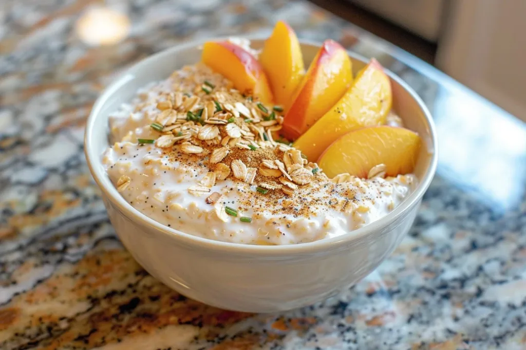 Creamy high protein peach cobbler overnight oats in a glass jar with fresh peaches.