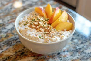 Creamy high protein peach cobbler overnight oats in a glass jar with fresh peaches.
