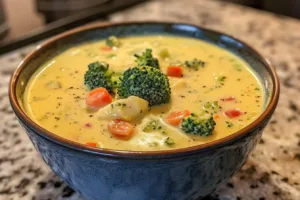 Bowl of creamy homemade broccoli cheese soup garnished with cheese and herbs