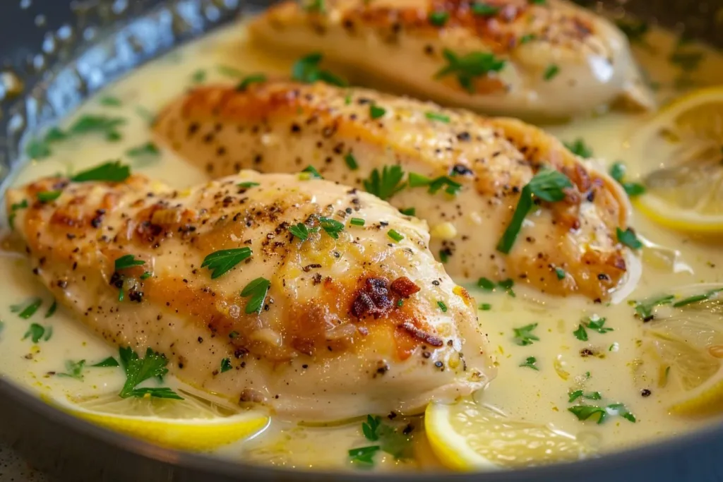 Creamy lemon garlic chicken dish garnished with herbs on a plate.