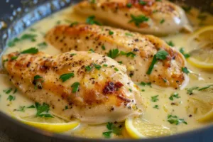 Creamy lemon garlic chicken dish garnished with herbs on a plate.