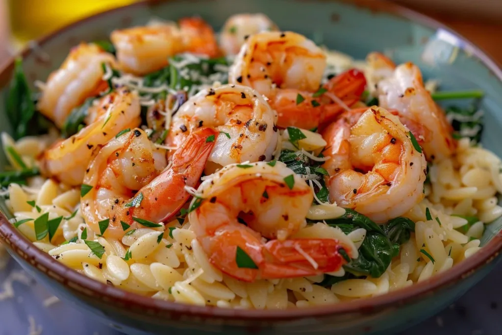 Creamy shrimp orzo dish served in a bowl with garnishes.