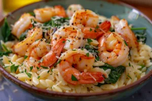 Creamy shrimp orzo dish served in a bowl with garnishes.