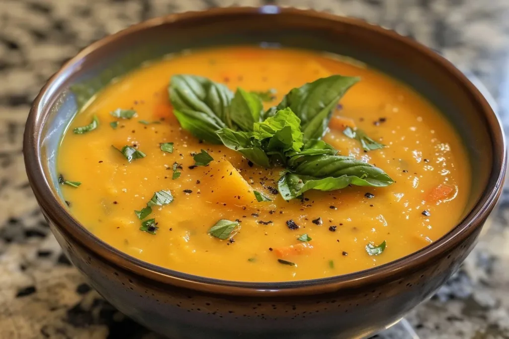 Creamy slow cooker butternut squash soup in a bowl, garnished with herbs
