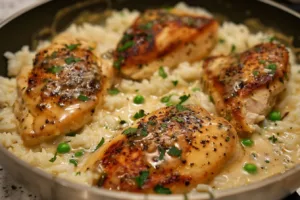 Creamy smothered chicken served over rice, garnished with herbs.