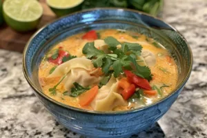 Creamy Thai dumpling soup with flavorful herbs and spices in a bowl.