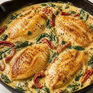 Delicious creamy Tuscan chicken with spinach and sun-dried tomatoes in a skillet.