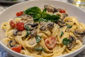 Creamy Tuscan mushroom pasta dish topped with fresh herbs and grated cheese.
