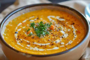 Creamy vegetable soup featuring peas and carrots in a bowl