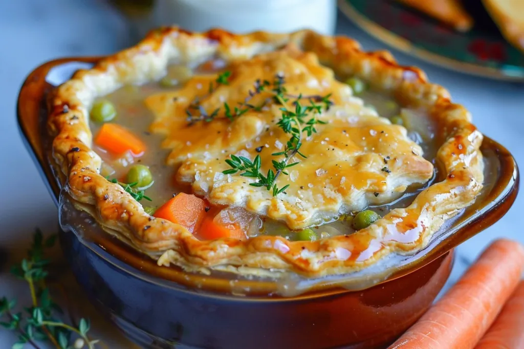 Bowl of creamy veggie pot pie soup with colorful vegetables and herbs
