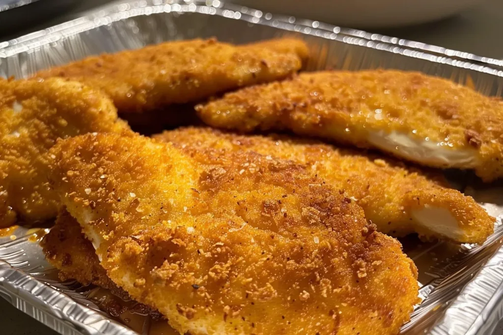Crispy chicken cutlets served on a plate with fresh herbs