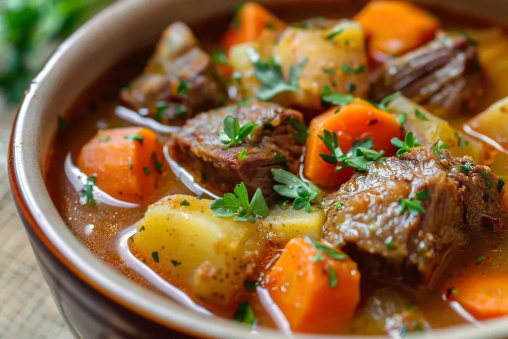 Hearty Crock Pot beef stew with vegetables and tender meat in a bowl