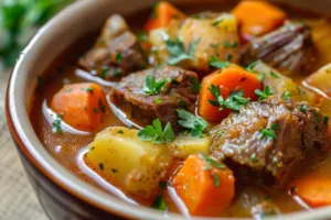 Hearty Crock Pot beef stew with vegetables and tender meat in a bowl