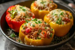 Colorful stuffed peppers filled with seasoned meat and rice, ready to serve