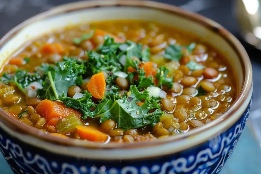 Bowl of Detox Moroccan Lentil Soup with spices and fresh vegetables