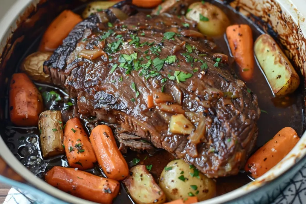Delicious Dutch Oven Pot Roast with colorful vegetables cooked to perfection