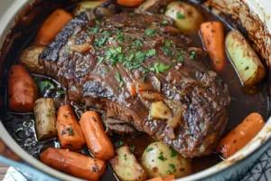 Delicious Dutch Oven Pot Roast with colorful vegetables cooked to perfection