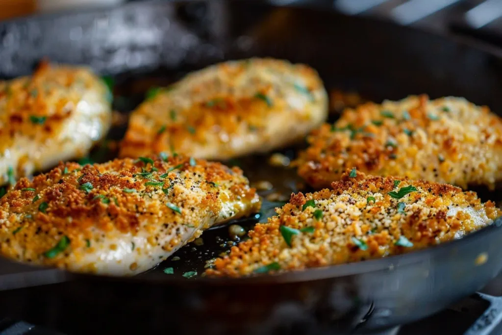 Delicious easy baked ranch chicken served on a plate with herbs.