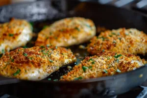 Delicious easy baked ranch chicken served on a plate with herbs.