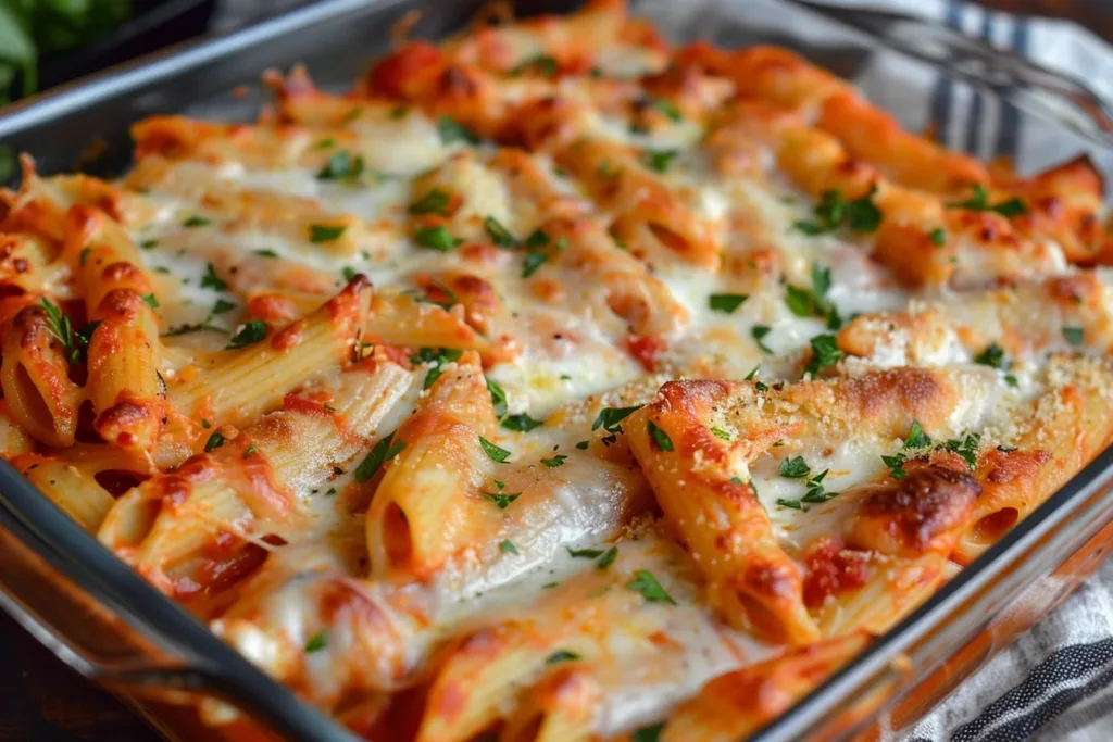 Delicious easy baked ziti pasta dish with cheese and herbs