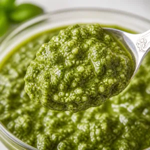Basil pesto made with fresh basil, pine nuts, garlic, and Parmesan cheese.