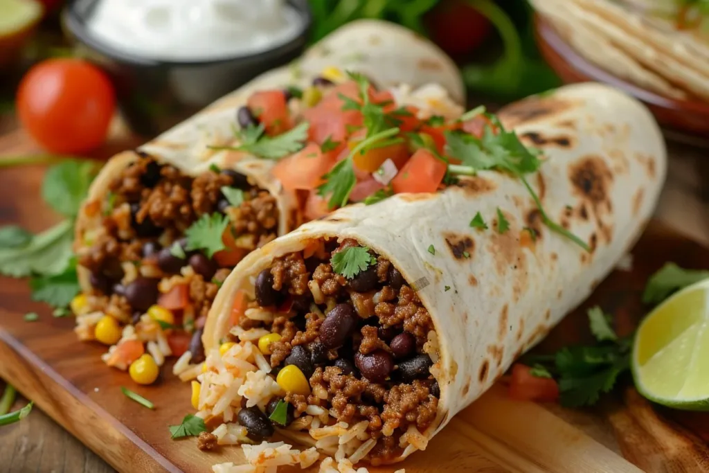 Delicious beef burrito ready to be served with fresh toppings