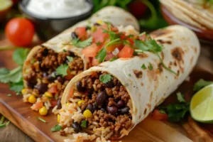 Delicious beef burrito ready to be served with fresh toppings
