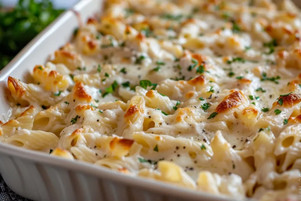 Baked Chicken Alfredo Pasta in a casserole dish, garnished with parsley.