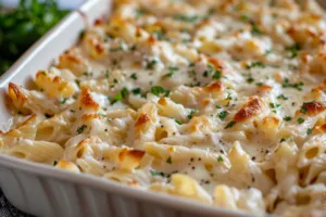 Baked Chicken Alfredo Pasta in a casserole dish, garnished with parsley.