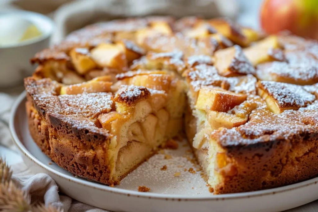 Slice of easy cinnamon apple cake topped with fresh apples and cinnamon