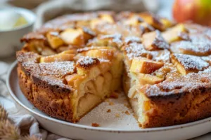 Slice of easy cinnamon apple cake topped with fresh apples and cinnamon