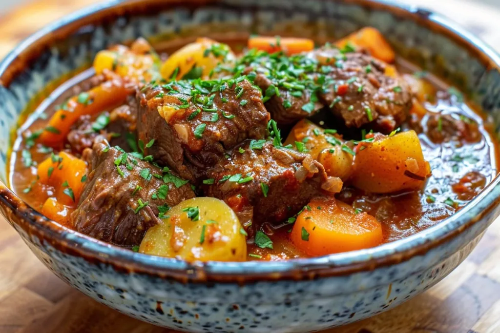 Bowl of easy crockpot beef stew with vegetables and herbs