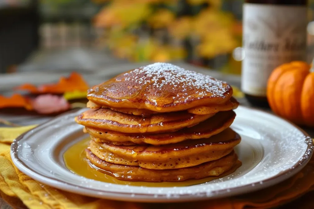 Fluffy easy pumpkin pancakes with syrup and spice on a plate