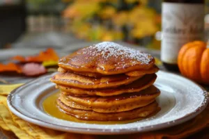 Fluffy easy pumpkin pancakes with syrup and spice on a plate
