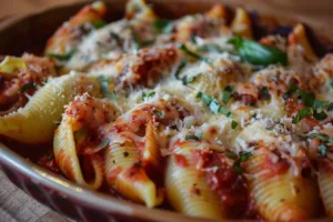 Delicious easy stuffed shells filled with cheese and marinara sauce