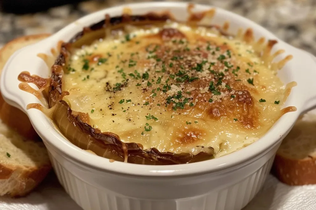 Bowl of French Onion Soup topped with melted cheese and crispy bread
