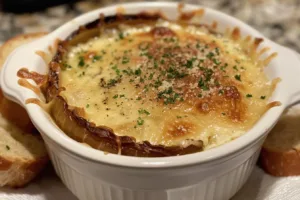 Bowl of French Onion Soup topped with melted cheese and crispy bread