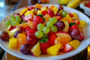 Colorful fruit salad with assorted fresh fruits in a bowl.