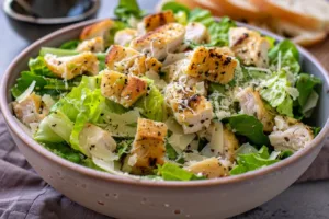 Garlic Bread Chicken Caesar Salad served on a beautiful plate