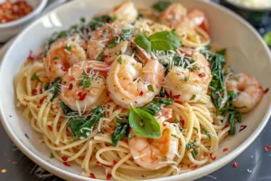 A delicious plate of garlic shrimp spinach pasta garnished with fresh herbs.