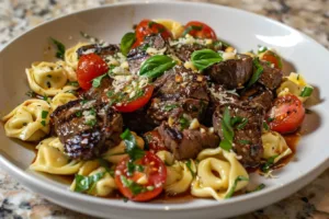 Plate of Garlic Steak Tortellini with herbs and sauce