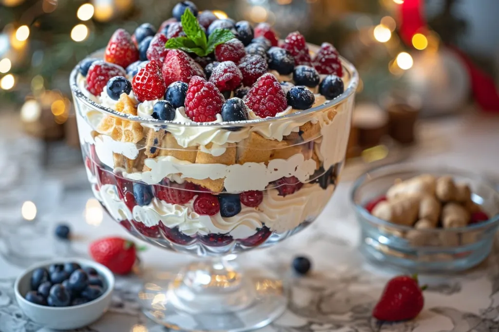 Gingerbread Berry Trifle with layers of gingerbread, berries, and cream.