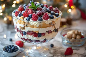 Gingerbread Berry Trifle with layers of gingerbread, berries, and cream.