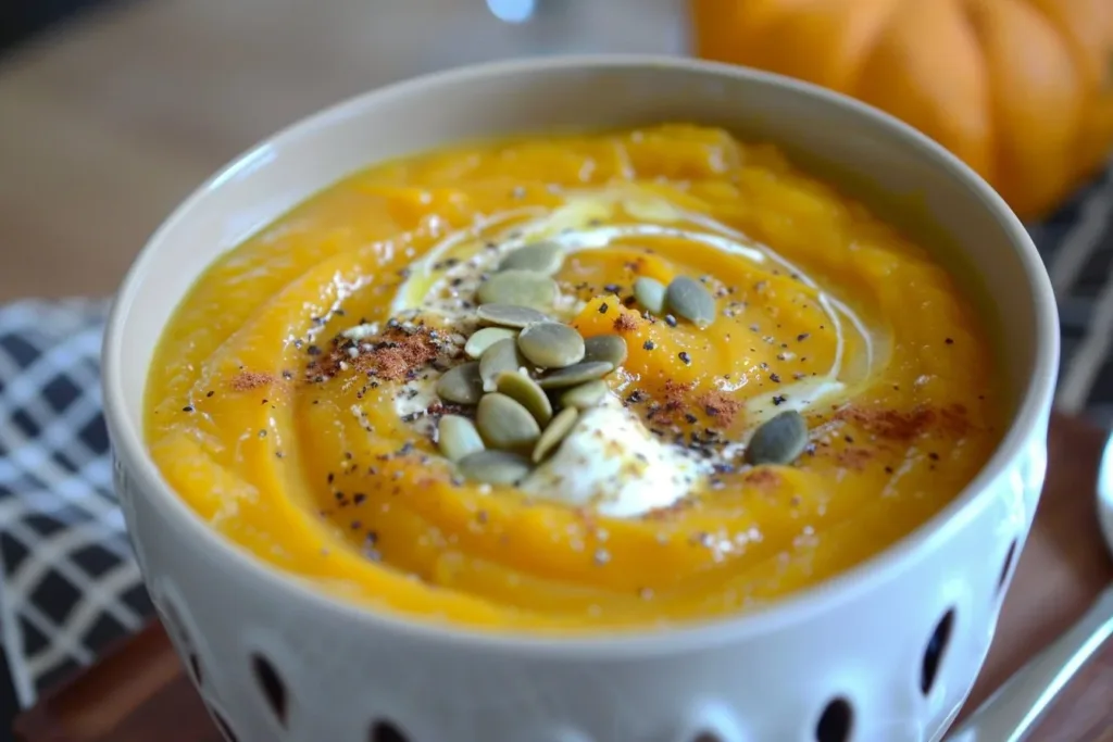 Bowl of Gordon Ramsay's flavorful pumpkin soup garnished with herbs